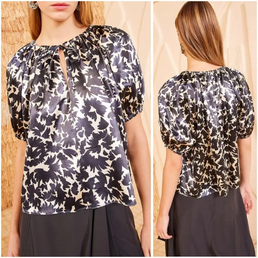 Ulla Johnson Neema Raven Satin Tie Neck Puff Sleeve Blouse Size 0